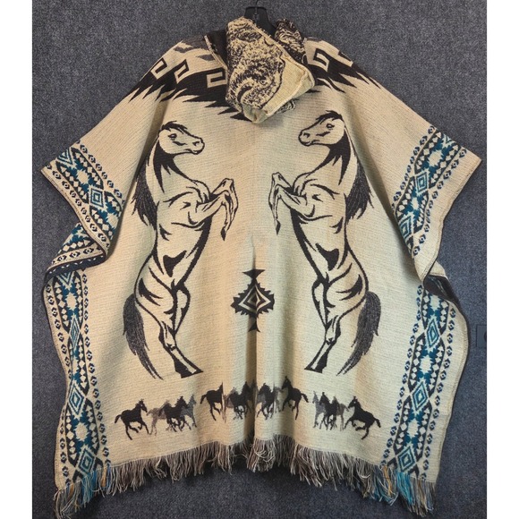 Southwestern Horse Hooded Poncho Blanket Shawl Fringe Cape Western Aztec Boho - Picture 16 of 16